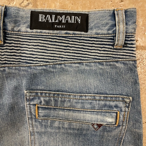 Balmain OG Distressed Moto Light Wash Blue Denim Jeans - Picture 12 of 14